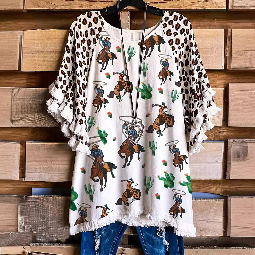 Ruffle Sleeve Fringe Hem Western Tee - Horse_W