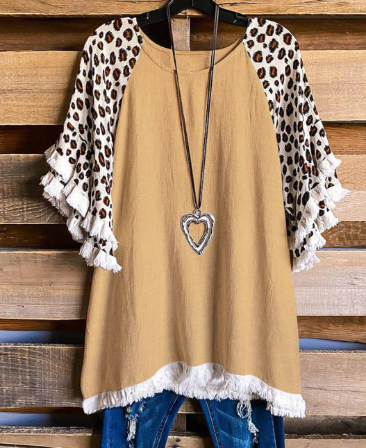 Ruffle Sleeve Fringe Hem Western Tee - Khaki