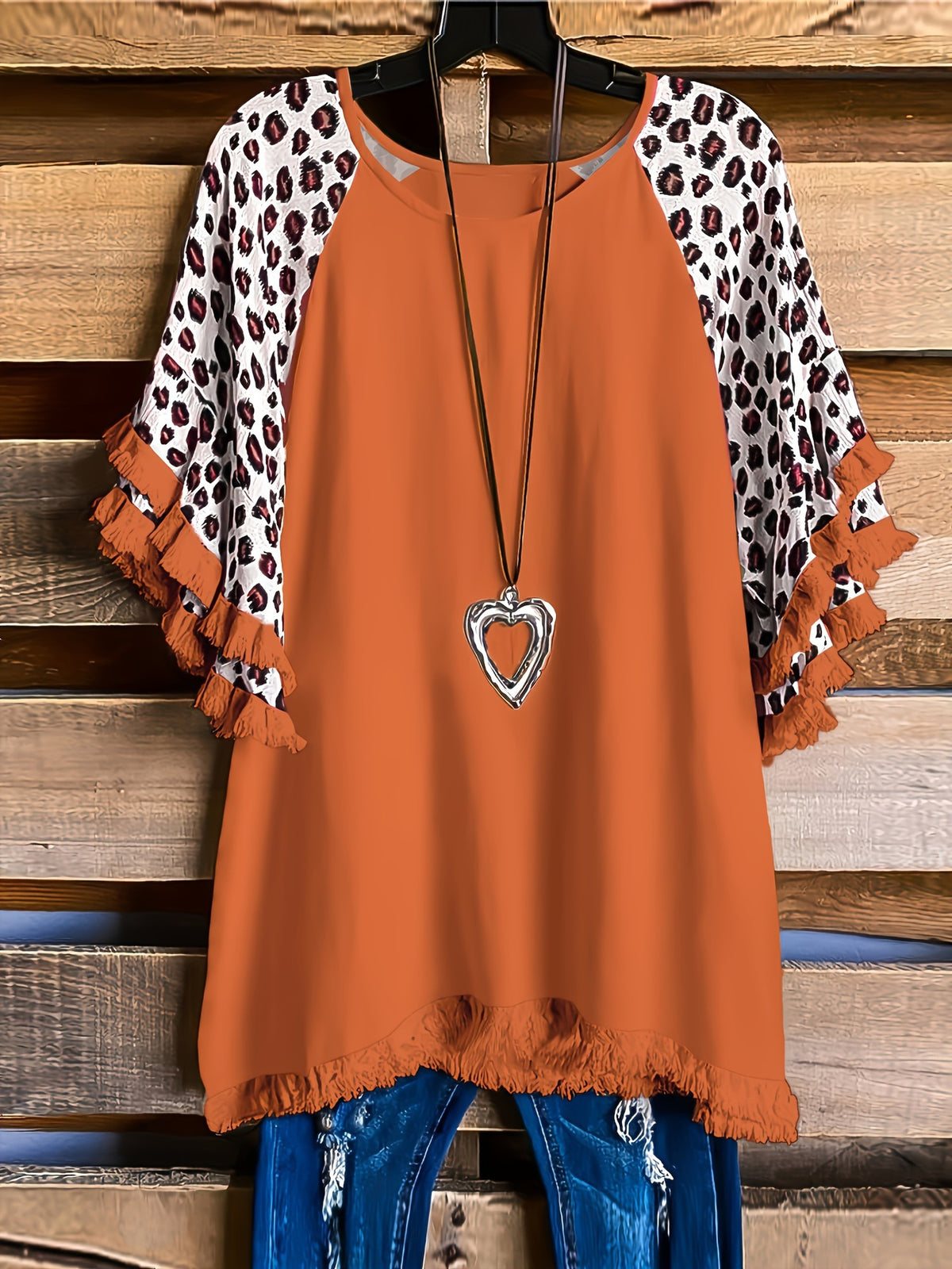 Ruffle Sleeve Fringe Hem Western Tee - Orange