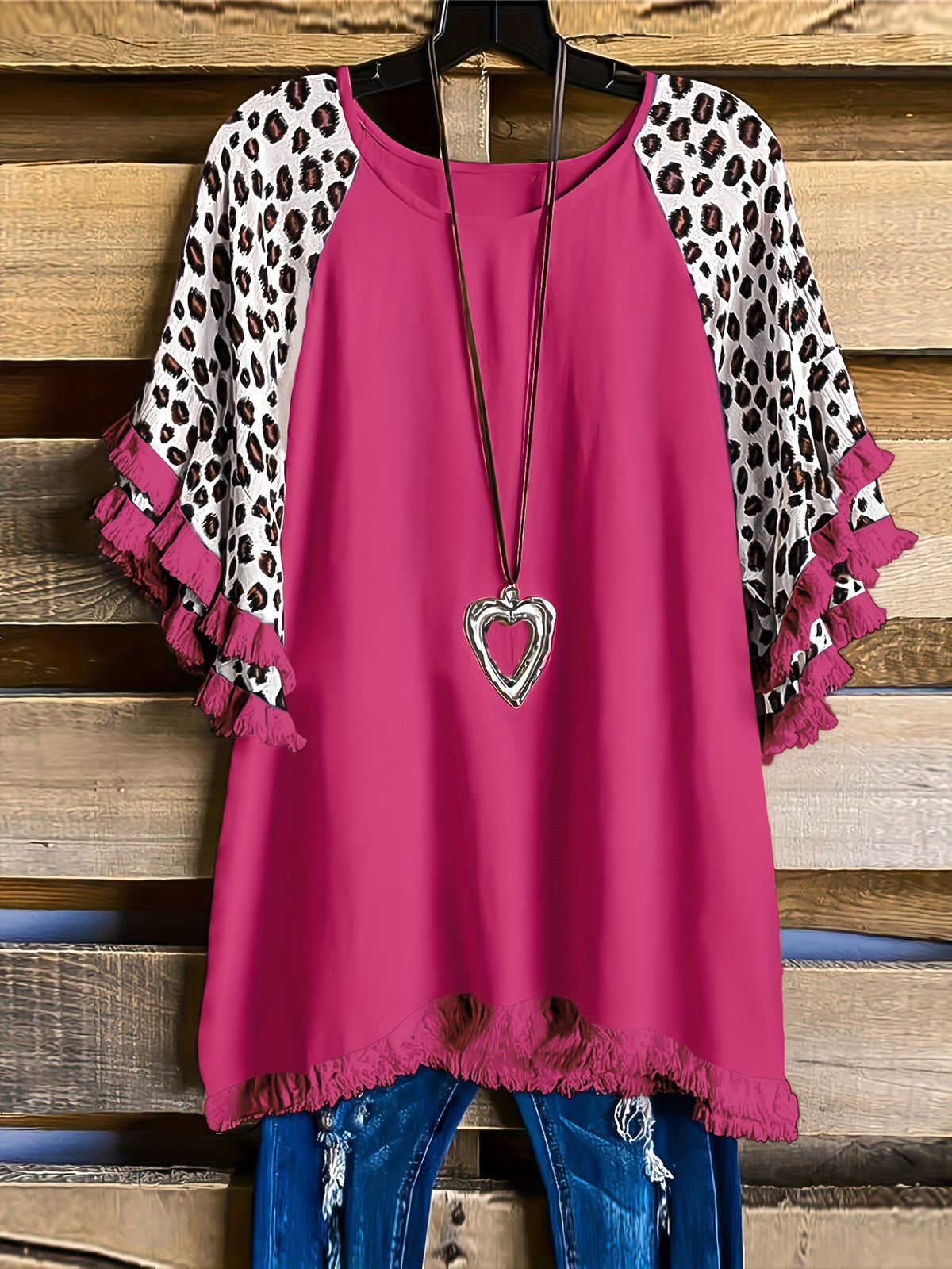 Ruffle Sleeve Fringe Hem Western Tee - Rose