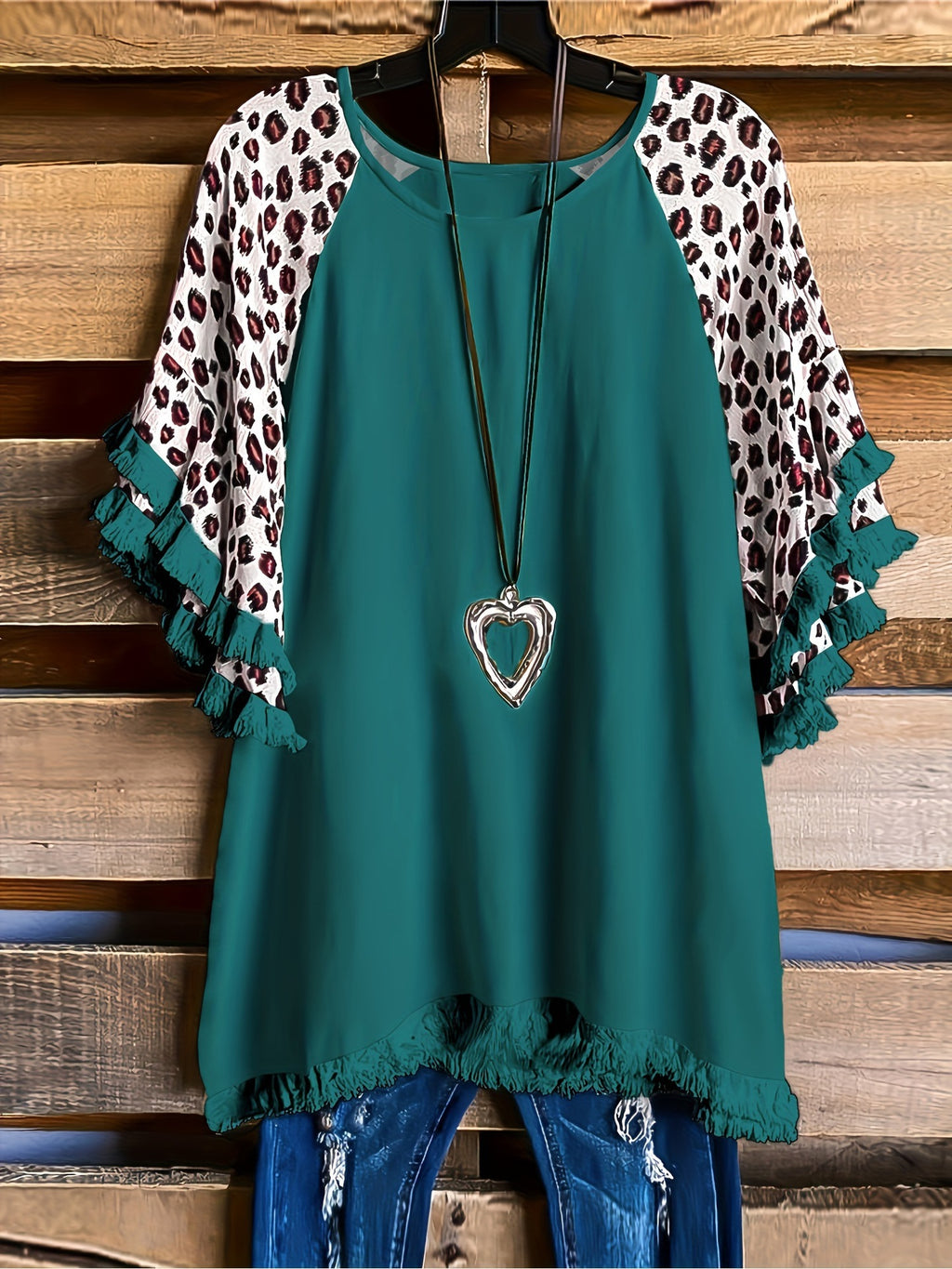 Ruffle Sleeve Fringe Hem Western Tee - Teal