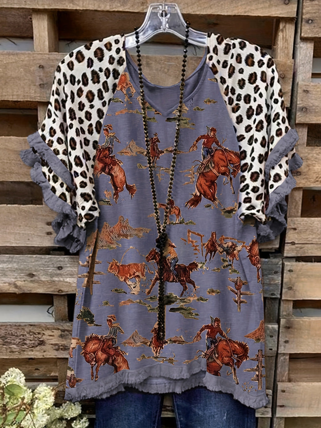 Ruffle Sleeve Fringe Hem Western Tee - VNeck_P
