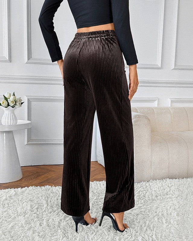 Ribbed Velvet High Rise Wide Leg Trousers - Curry - 3