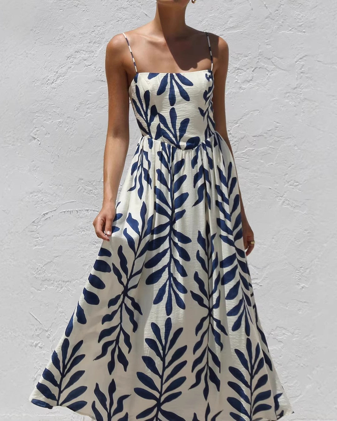Botanical Print Sleeveless A-Line Maxi Dress - White