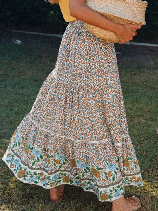 Boho Floral Smocked Waist Tiered Maxi Skirt - Apricot