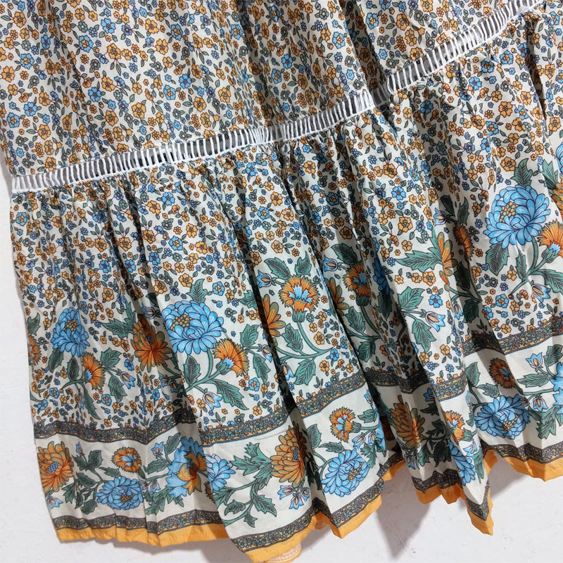 Boho Floral Smocked Waist Tiered Maxi Skirt - Apricot - 1