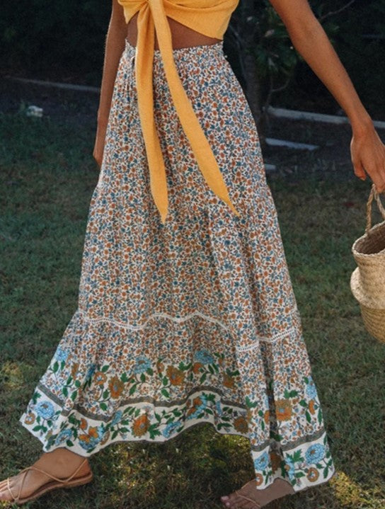 Boho Floral Smocked Waist Tiered Maxi Skirt - Apricot - 3