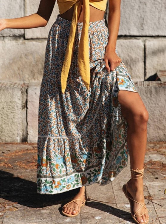 Boho Floral Smocked Waist Tiered Maxi Skirt - Apricot - 4