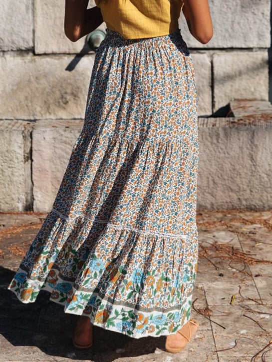 Boho Floral Smocked Waist Tiered Maxi Skirt - Apricot - 5