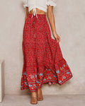 Boho Floral Smocked Waist Tiered Maxi Skirt - Red