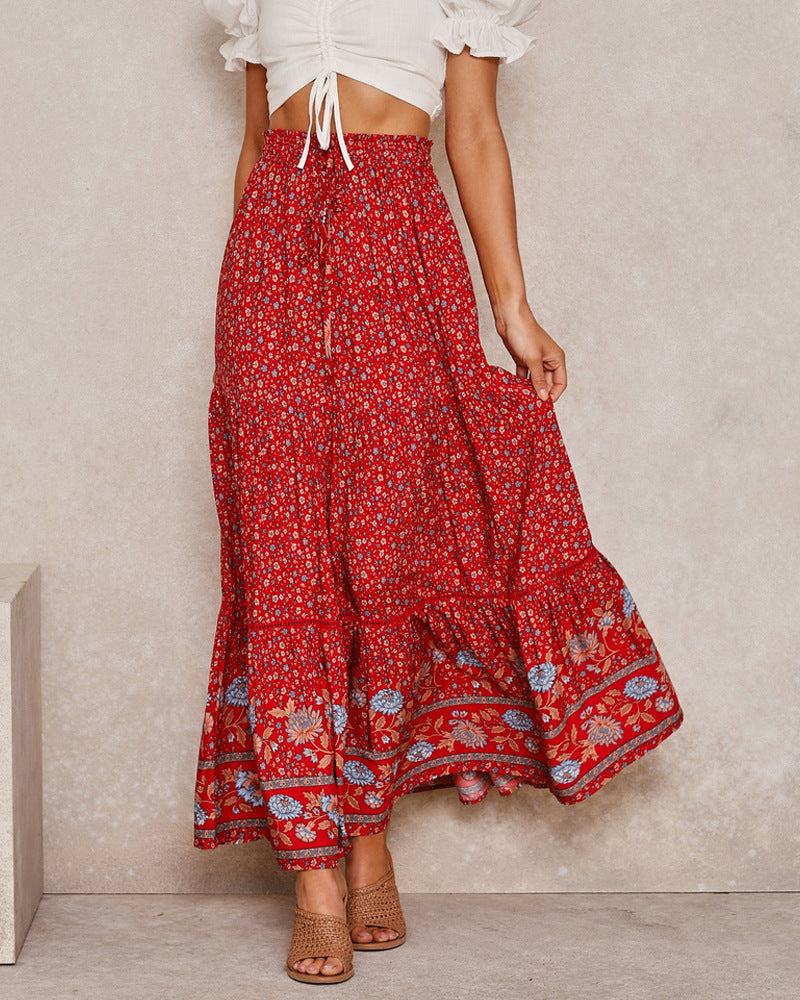 Boho Floral Smocked Waist Tiered Maxi Skirt - Red