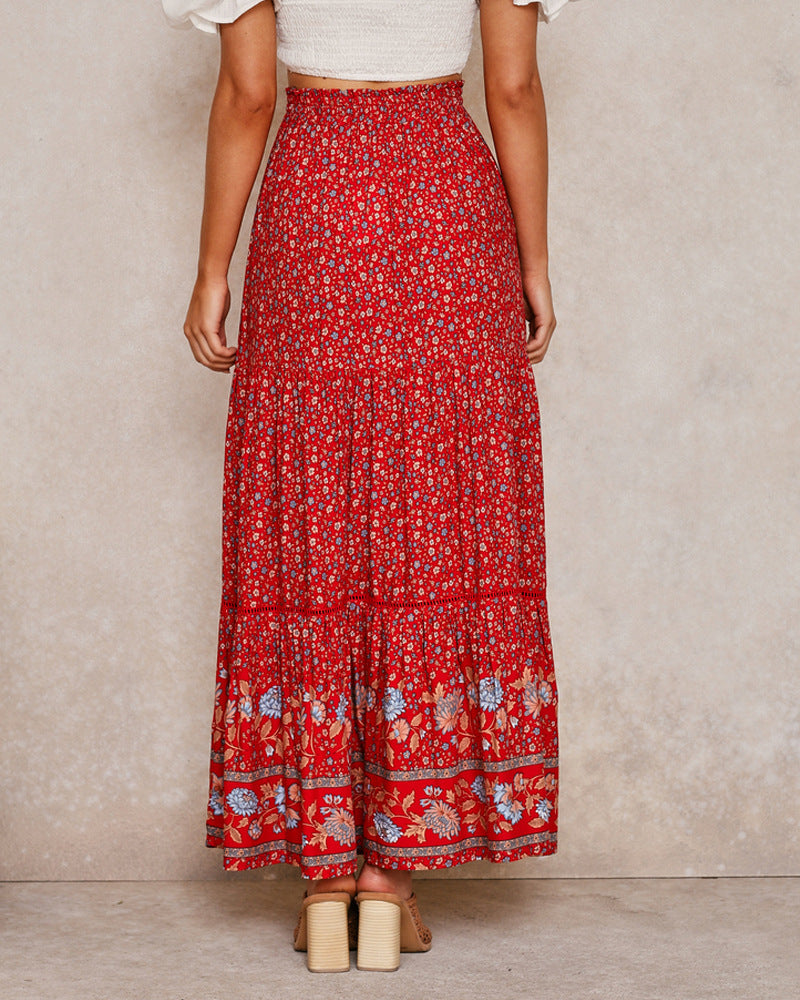 Boho Floral Smocked Waist Tiered Maxi Skirt - Red - 2