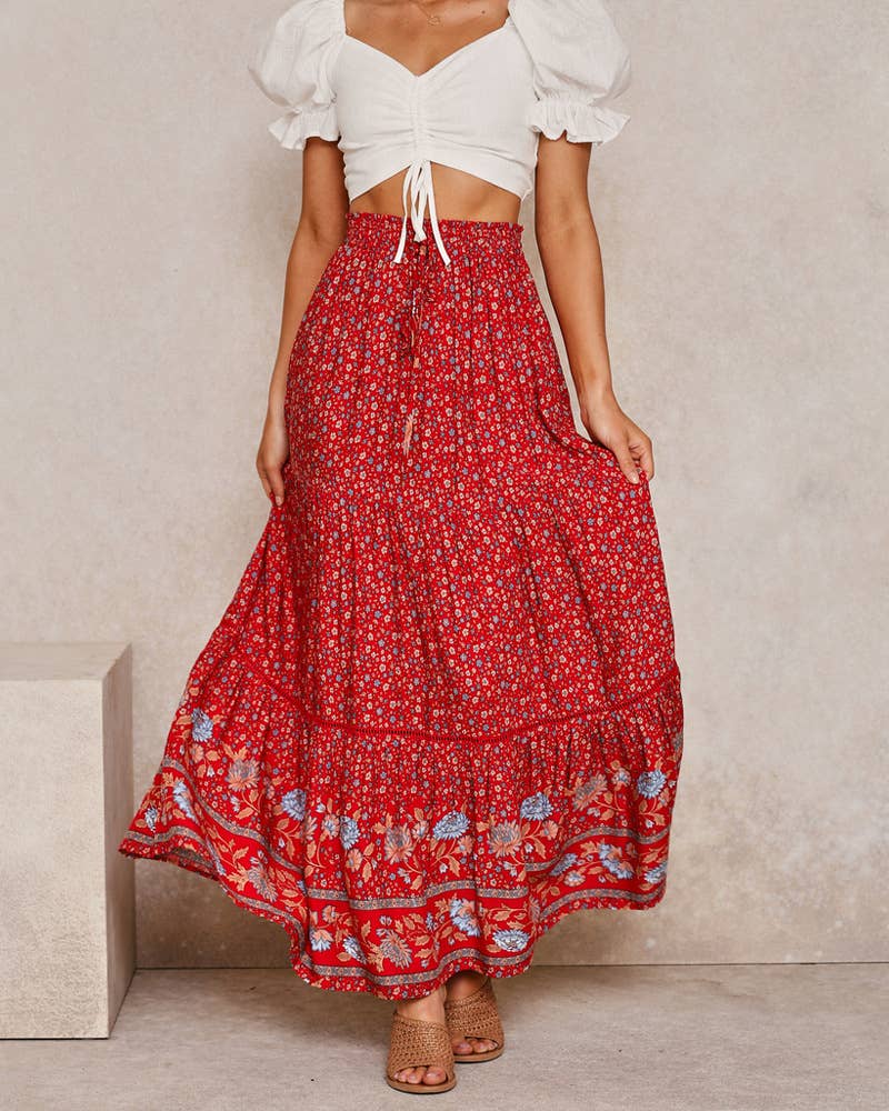 Boho Floral Smocked Waist Tiered Maxi Skirt