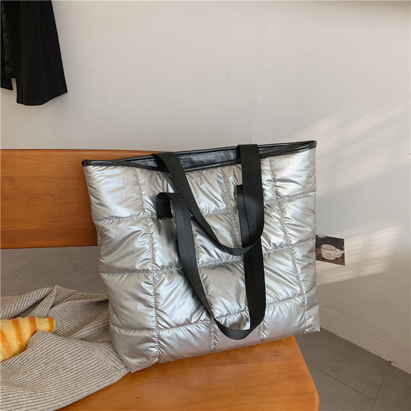 Padded Quilted Shoulder Tote Bag for Daily Use - Silver