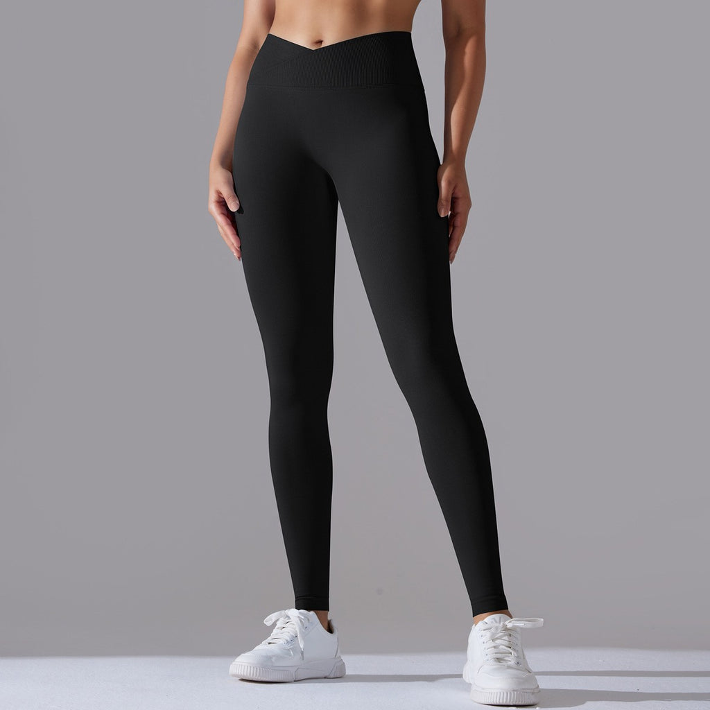 Crossover High Waist Seamless Scrunch Yoga Leggings - Black