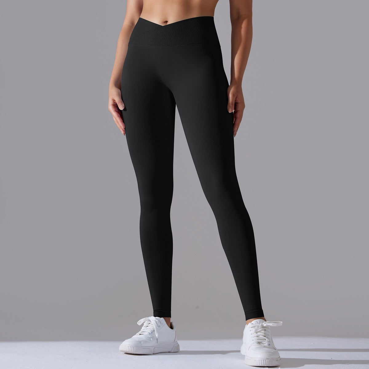 Crossover High Waist Seamless Scrunch Yoga Leggings - Black