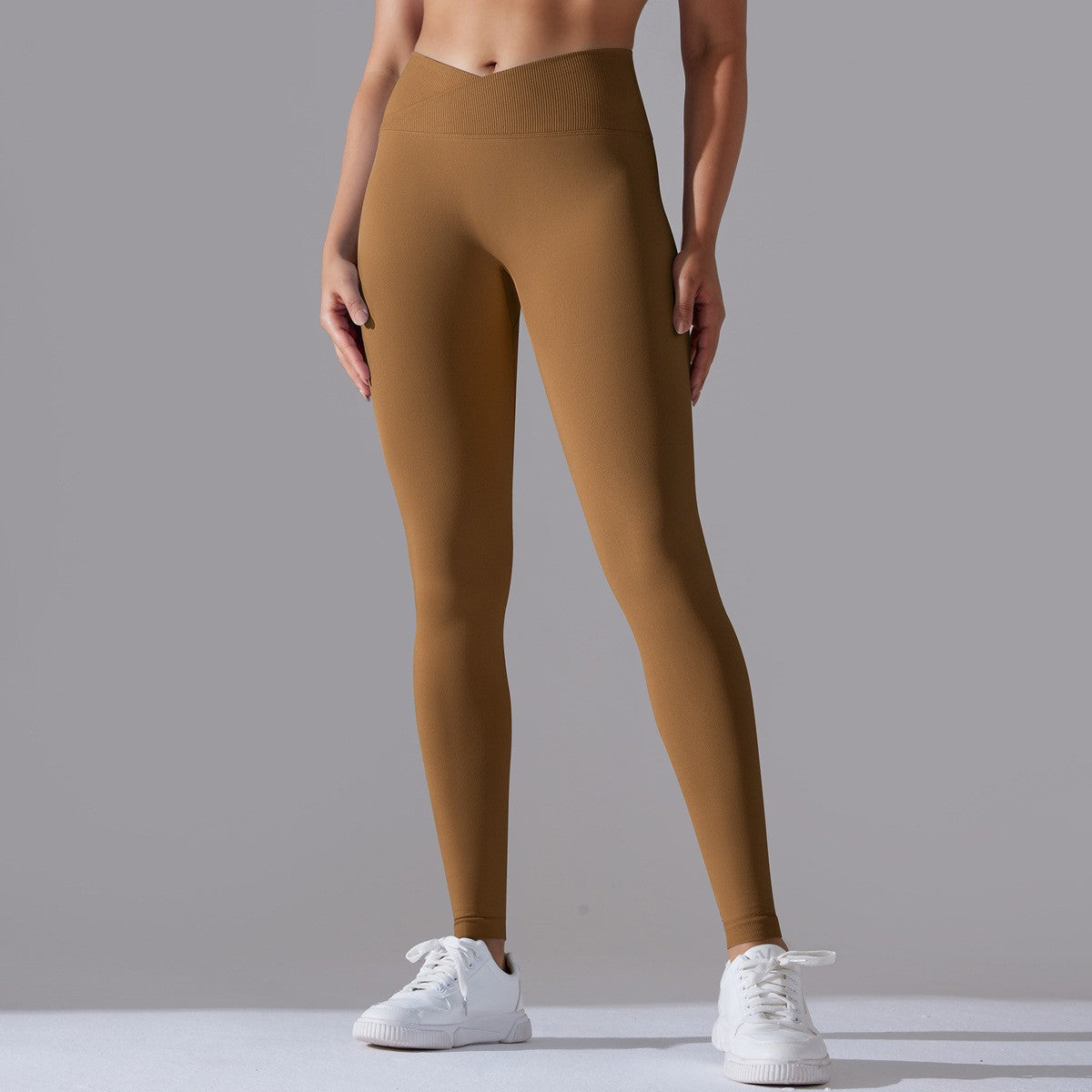 Crossover High Waist Seamless Scrunch Yoga Leggings - Camel