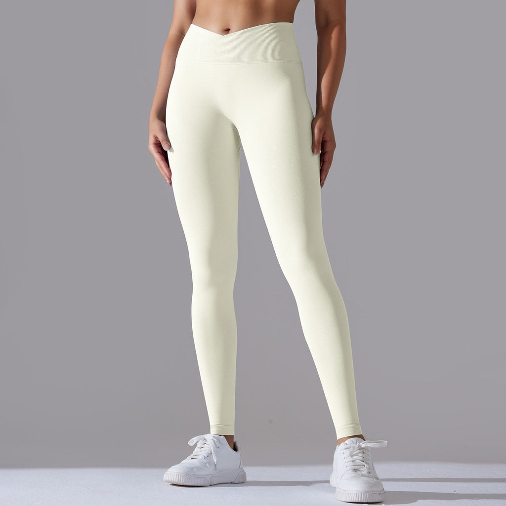 Crossover High Waist Seamless Scrunch Yoga Leggings - Cream