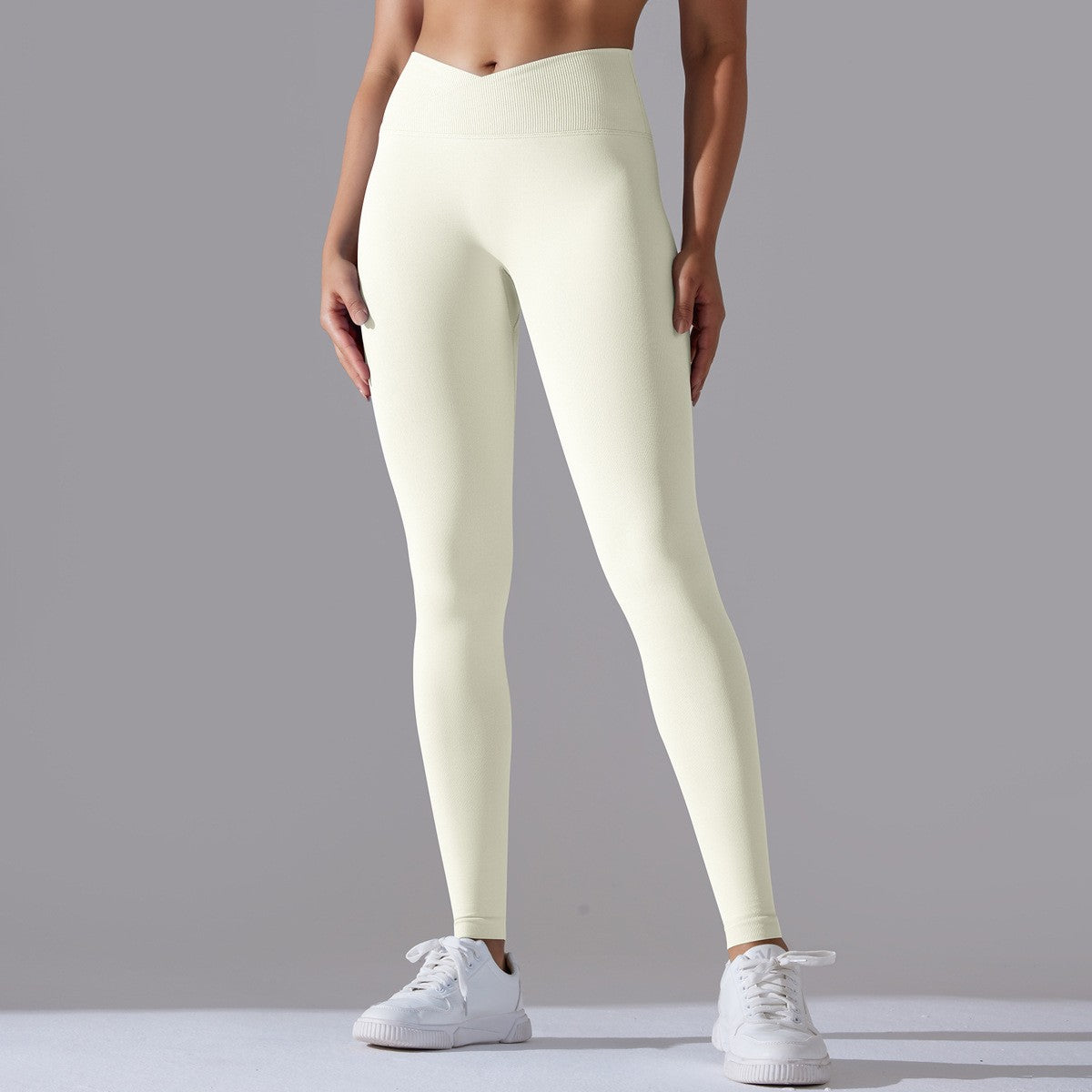Crossover High Waist Seamless Scrunch Yoga Leggings - Cream