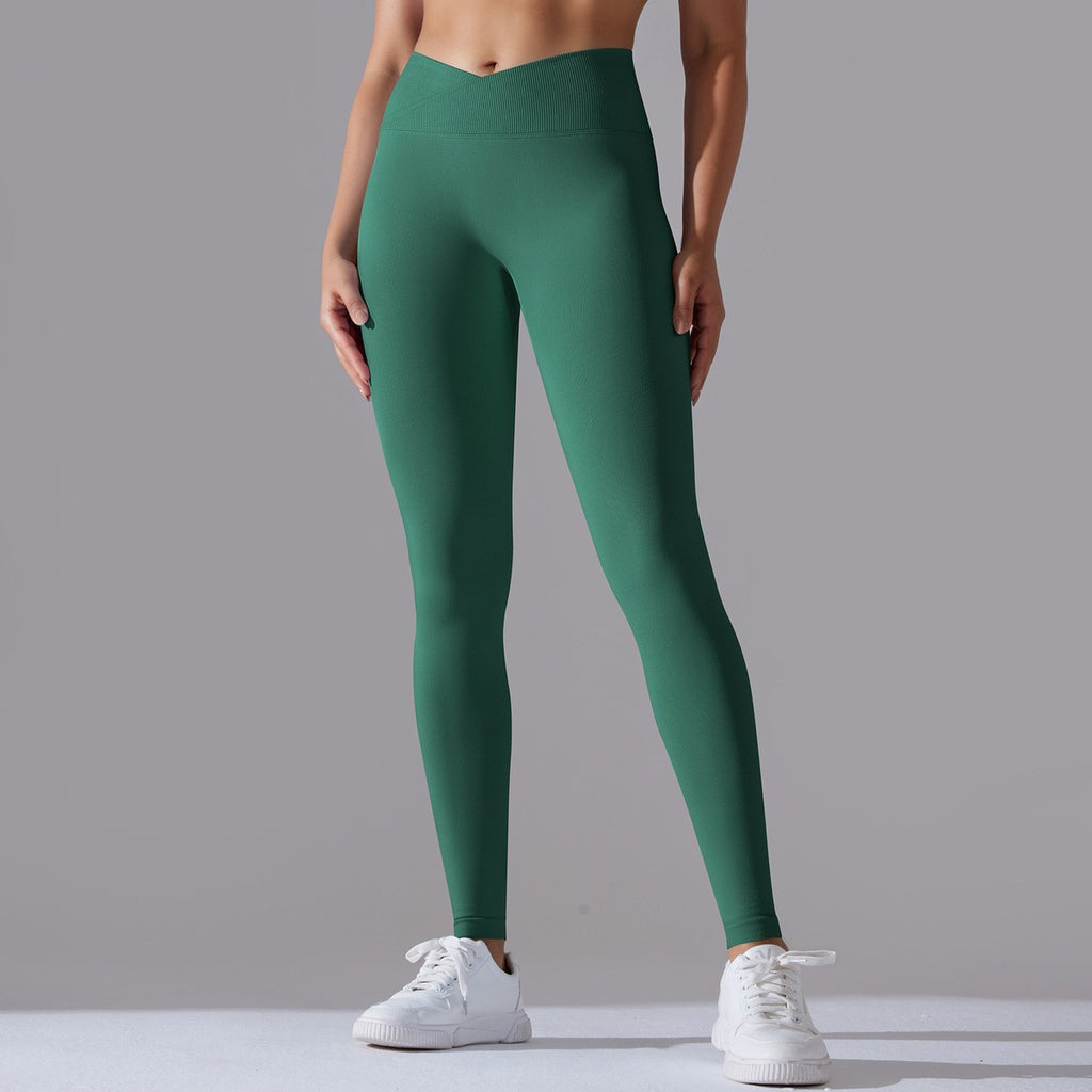Crossover High Waist Seamless Scrunch Yoga Leggings - Forest Green