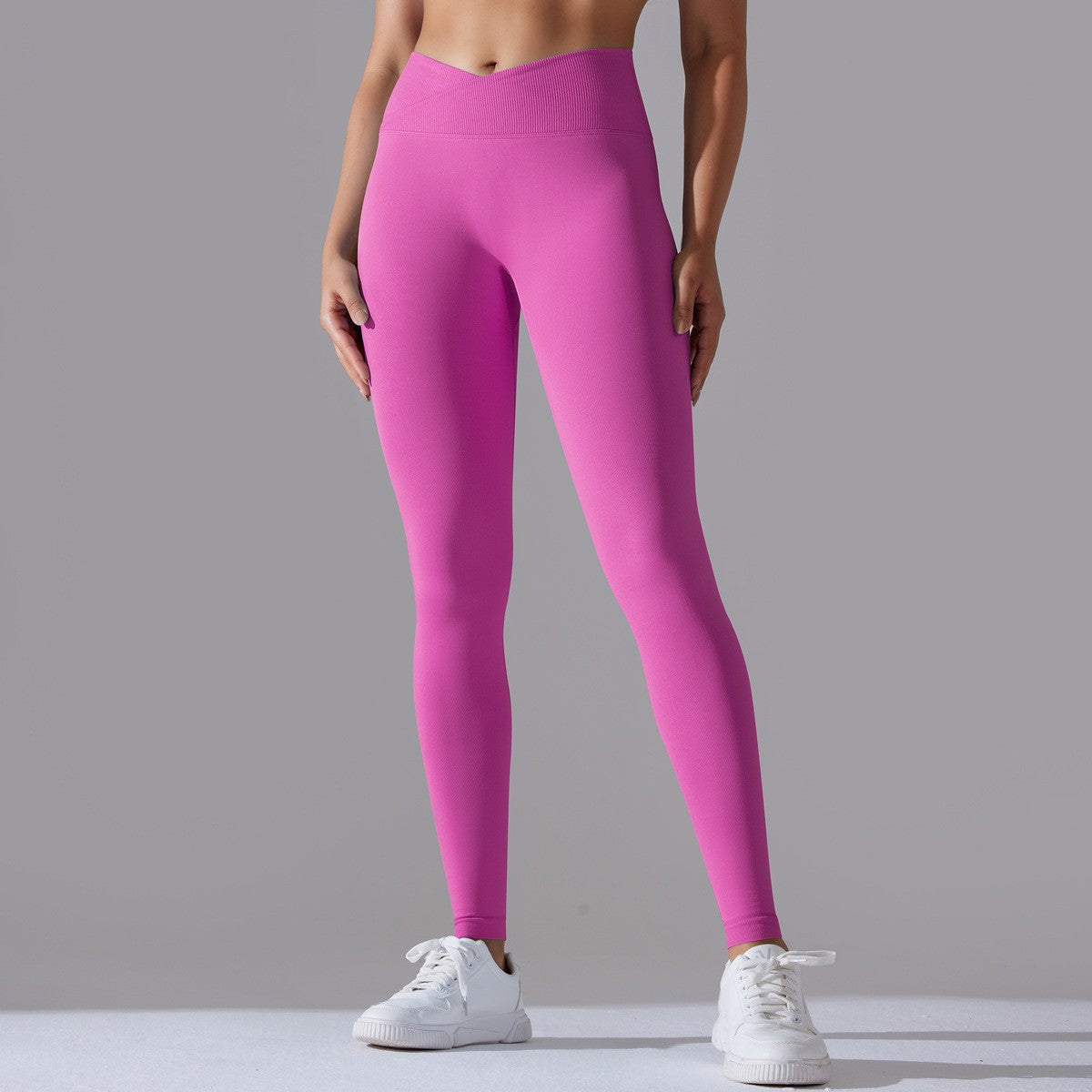 Crossover High Waist Seamless Scrunch Yoga Leggings - Hot Pink