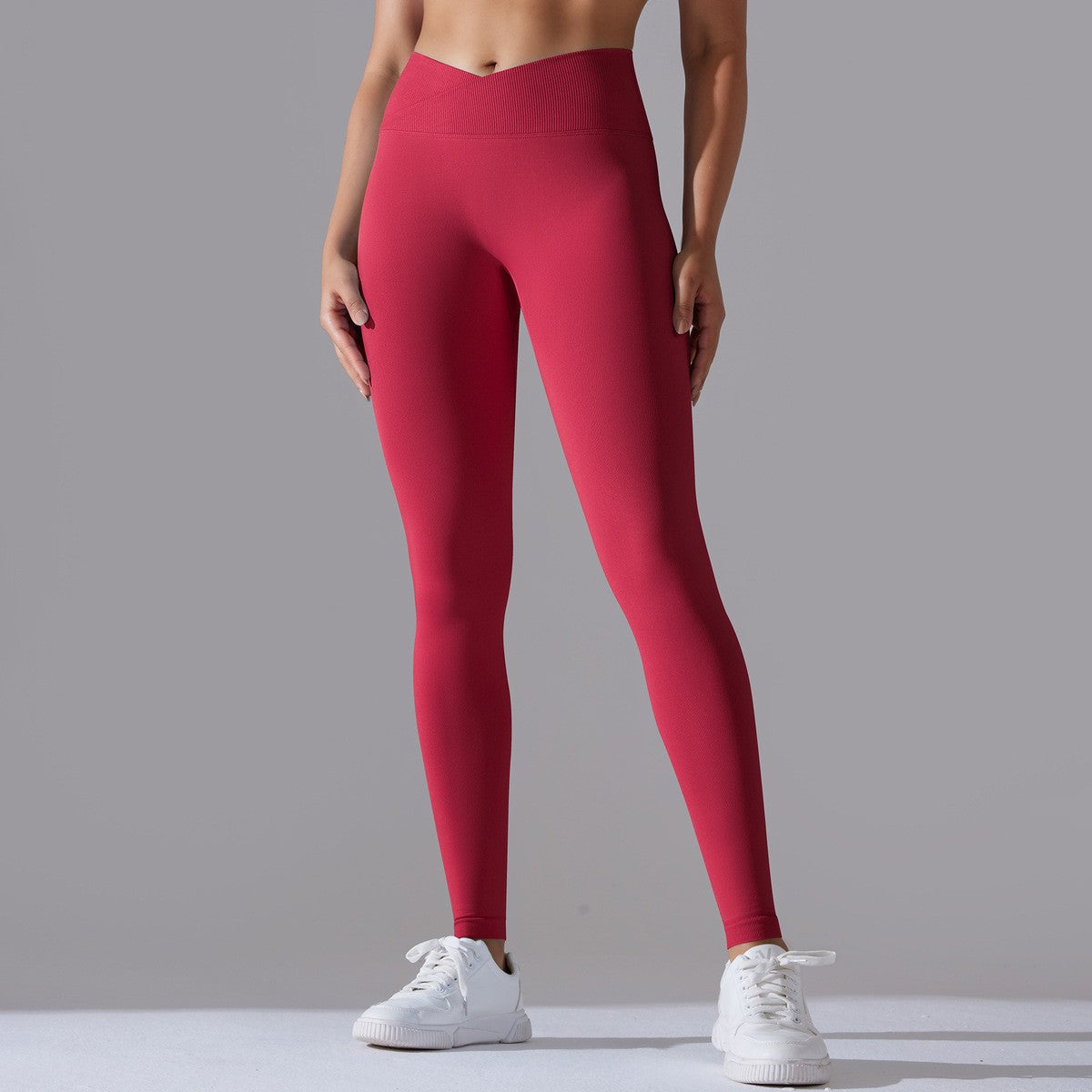 Crossover High Waist Seamless Scrunch Yoga Leggings - Red