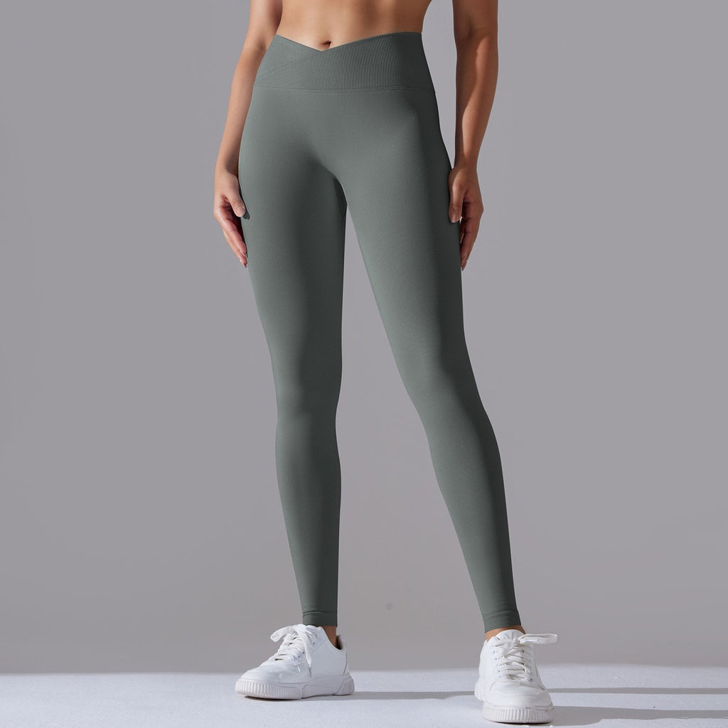 Crossover High Waist Seamless Scrunch Yoga Leggings - Slate Gray
