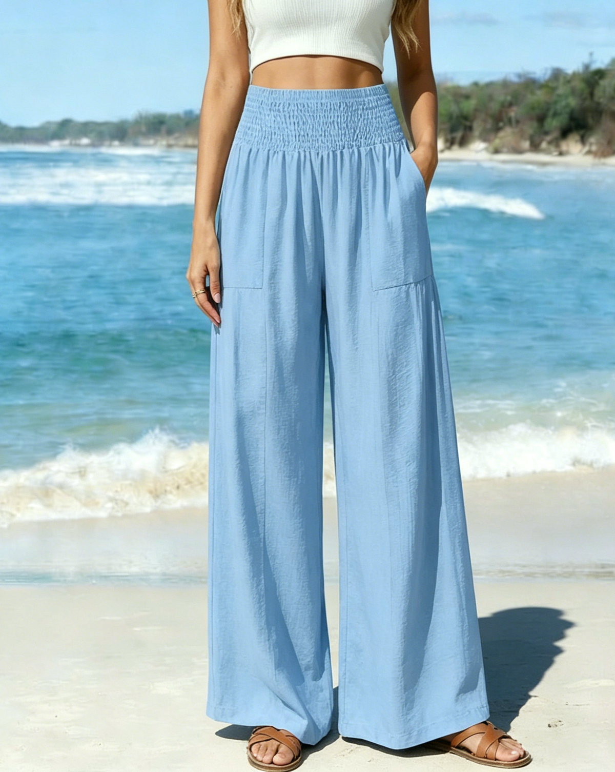 High Waist Flowy Palazzo Trousers With Pockets - Blue - 1