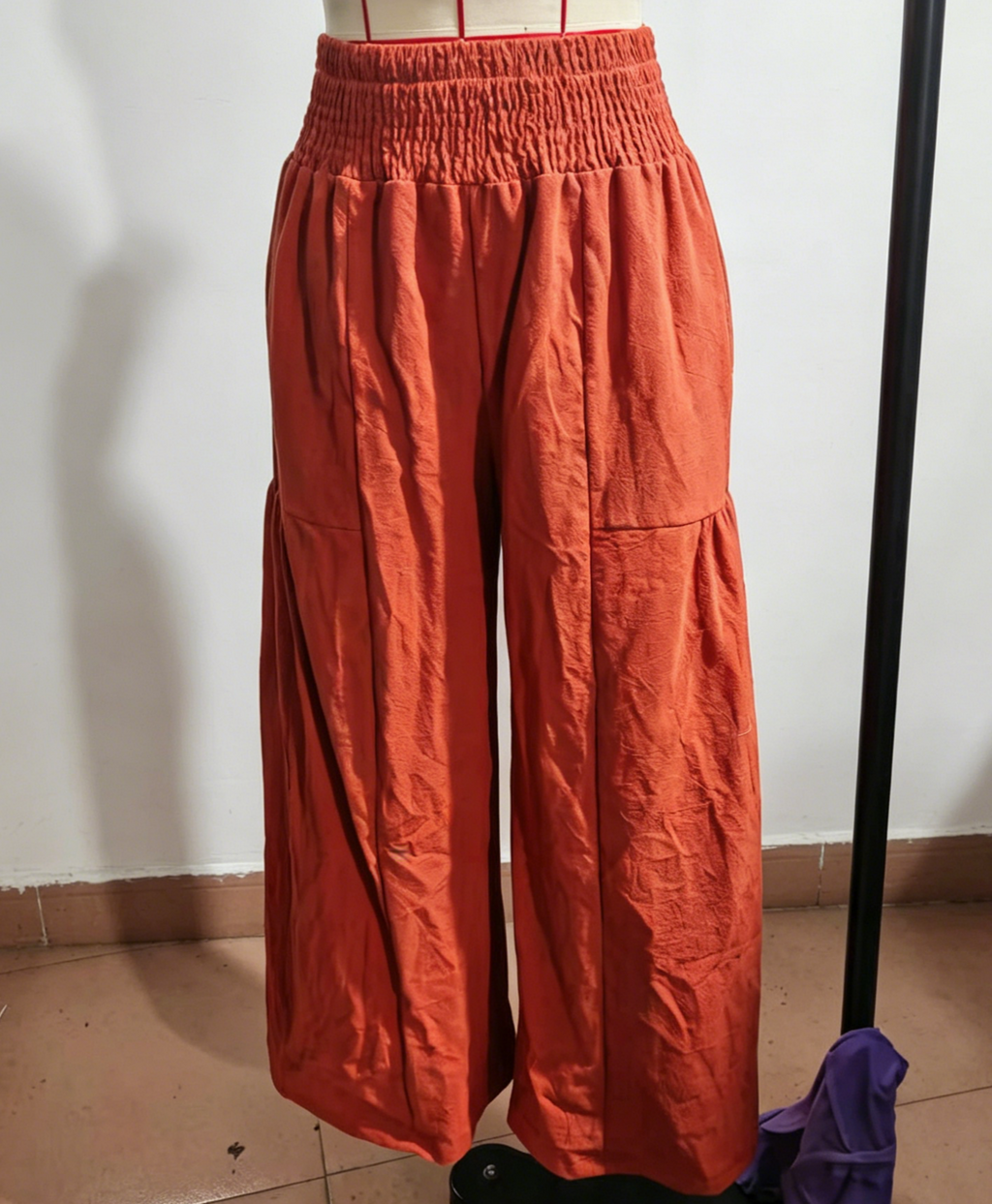 High Waist Flowy Palazzo Trousers With Pockets - BrickRed