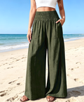 High Waist Flowy Palazzo Trousers With Pockets - Green