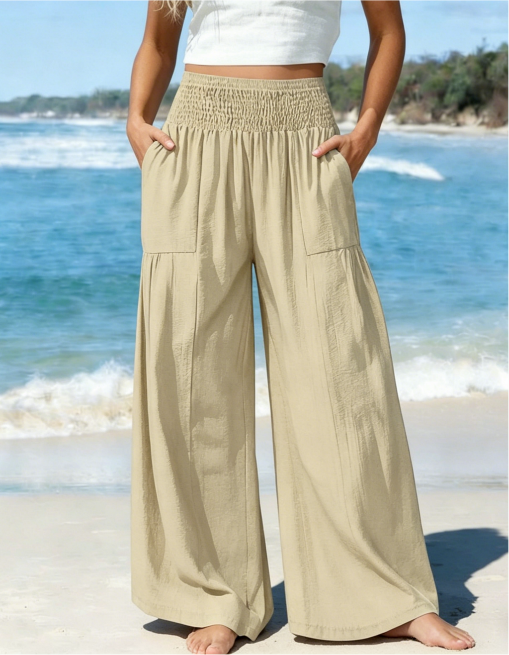 High Waist Flowy Palazzo Trousers With Pockets - Khaki - 1