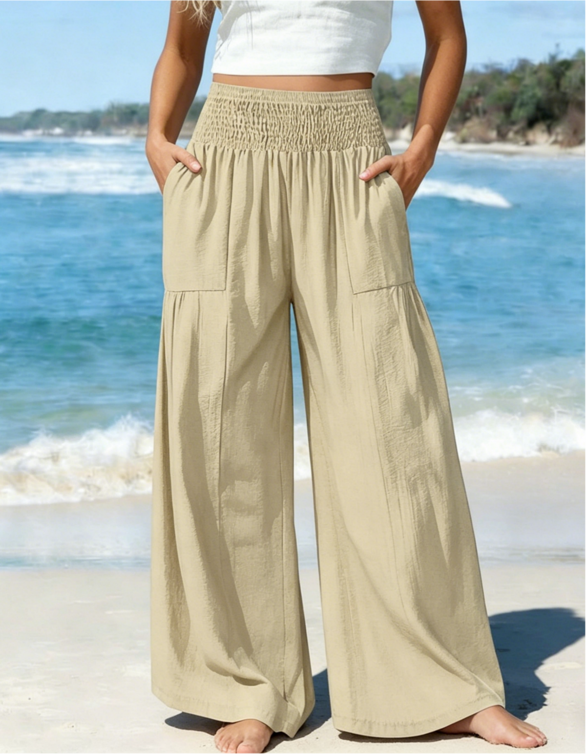 High Waist Flowy Palazzo Trousers With Pockets - Khaki - 1