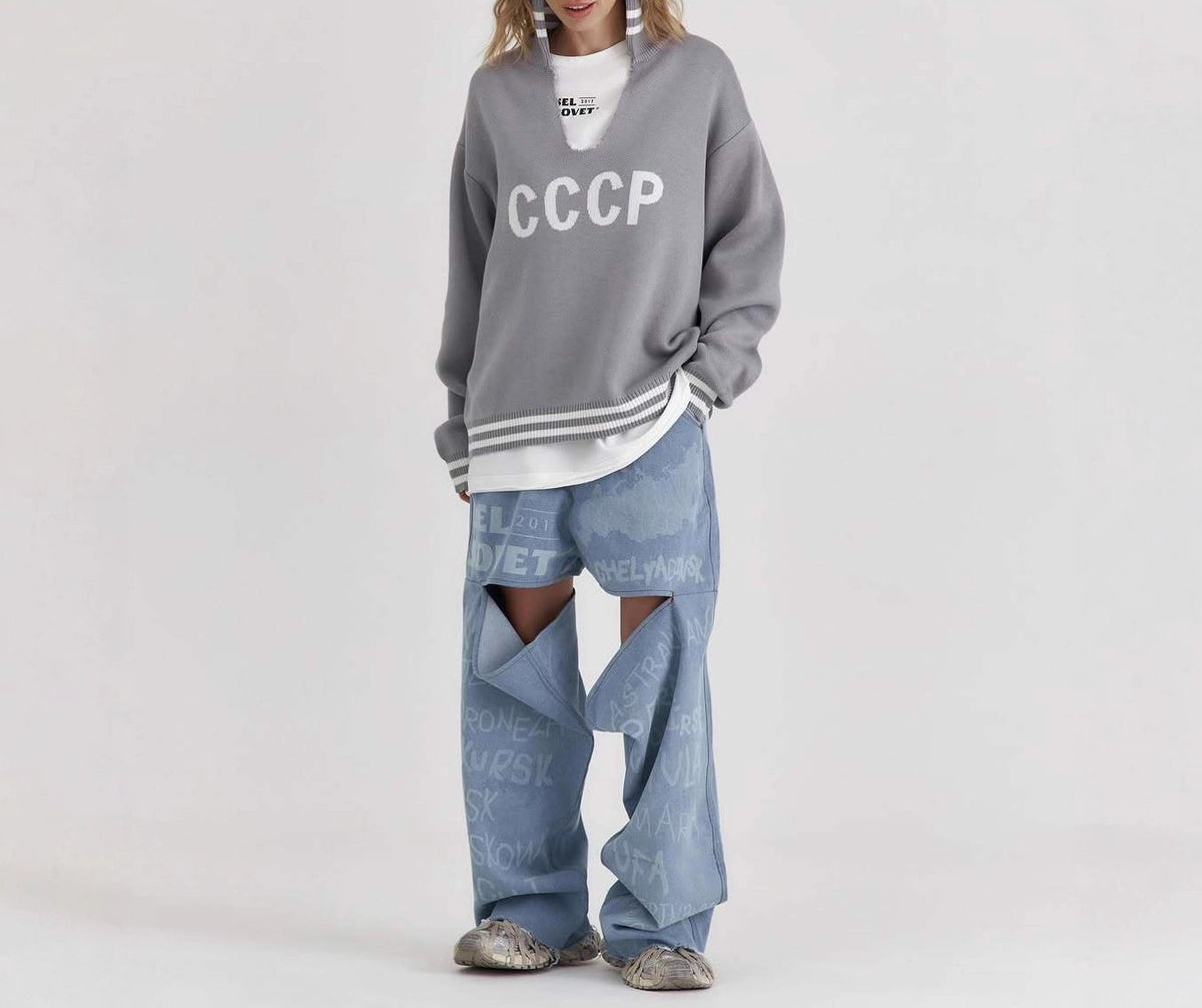 Oversized Letter Print Collared Sweatshirt - Gray