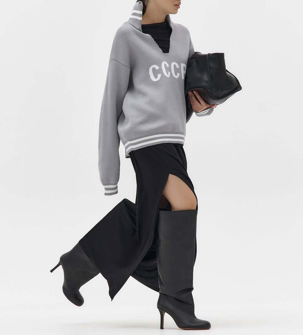 Oversized Letter Print Collared Sweatshirt