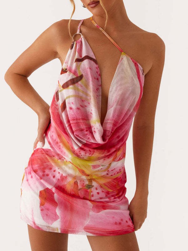 Draped Cowl Neck Backless Mini Dress - Rose