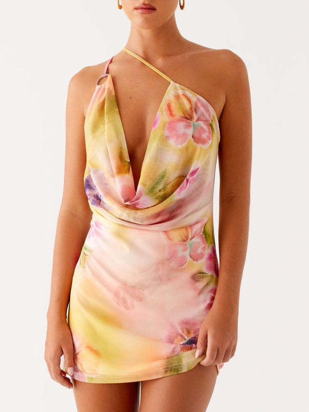 Draped Cowl Neck Backless Mini Dress - Yellow