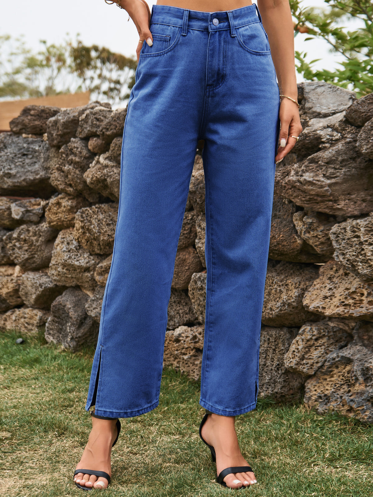 Side Slit Cropped Straight Leg Jeans - Indigo