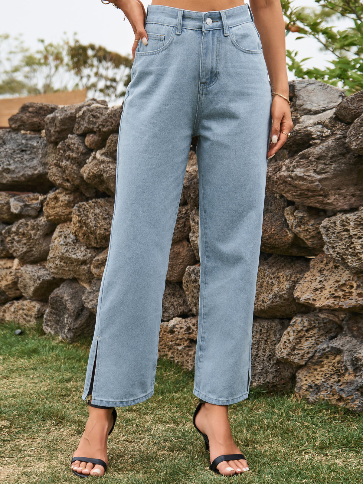 Side Slit Cropped Straight Leg Jeans - Light_blue