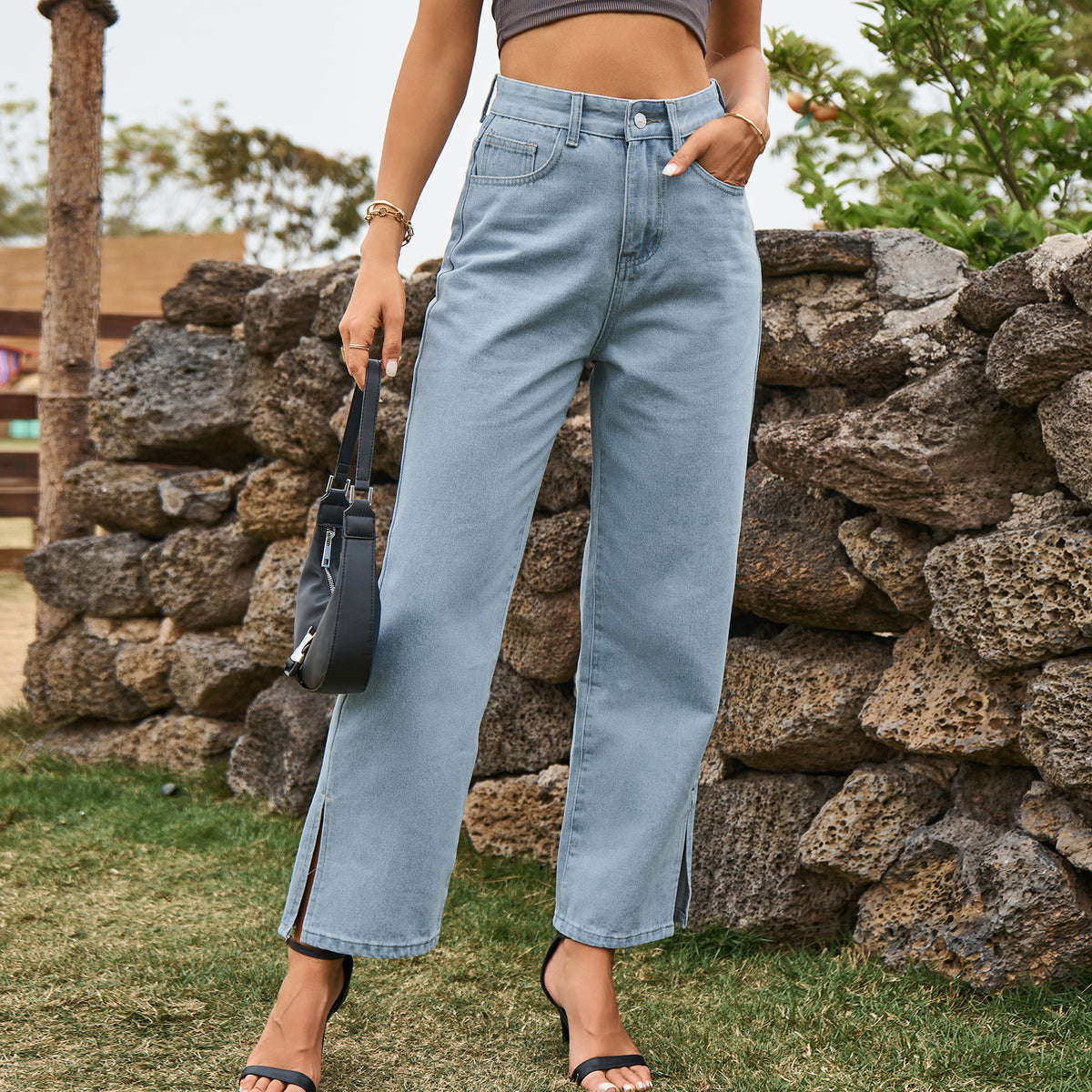 Side Slit Cropped Straight Leg Jeans - Light_blue - 5