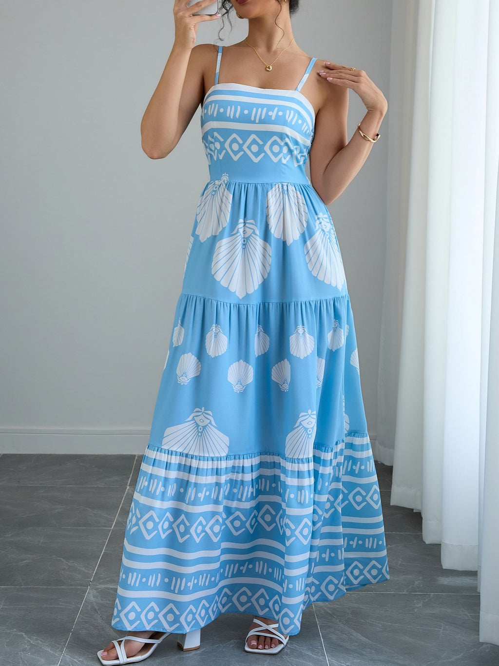 Smocked Tiered Border Print Maxi Dress - Blue