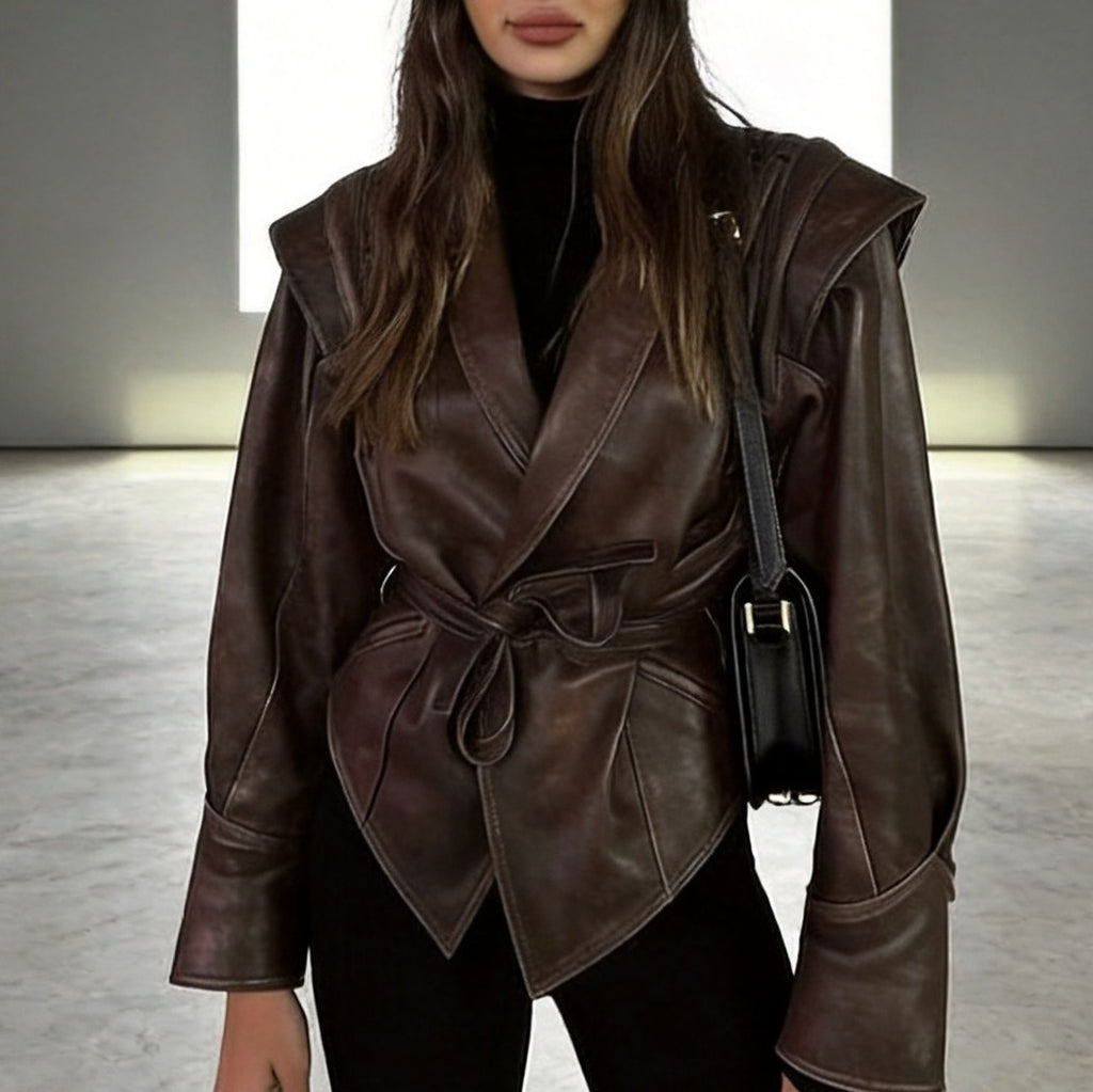 Distressed Faux Leather Lace-Up Belted Wrap Jacket
