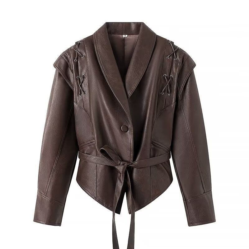 Distressed Faux Leather Lace-Up Belted Wrap Jacket