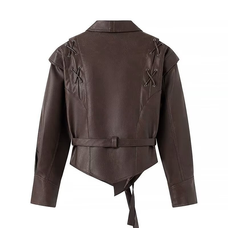 Distressed Faux Leather Lace-Up Belted Wrap Jacket