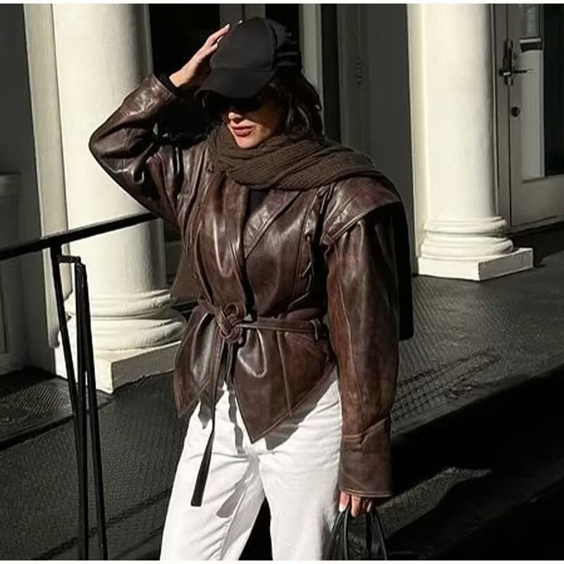 Distressed Faux Leather Lace-Up Belted Wrap Jacket