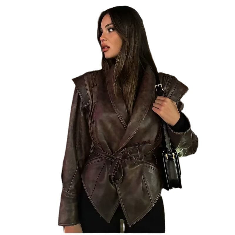 Distressed Faux Leather Lace-Up Belted Wrap Jacket