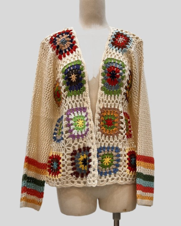 Granny Square Crochet Open Cardigan - Apricot