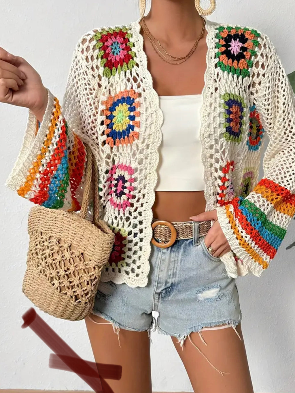 Granny Square Crochet Open Cardigan - White