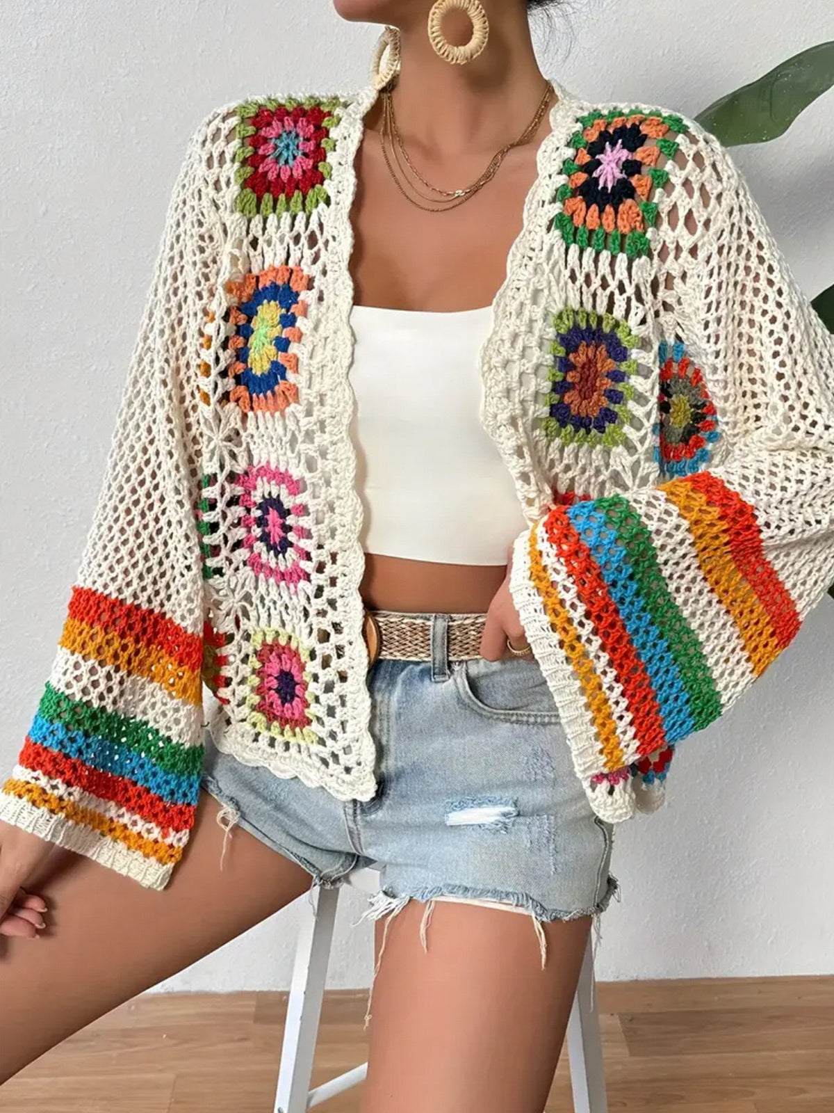 Granny Square Crochet Open Cardigan - White - 2