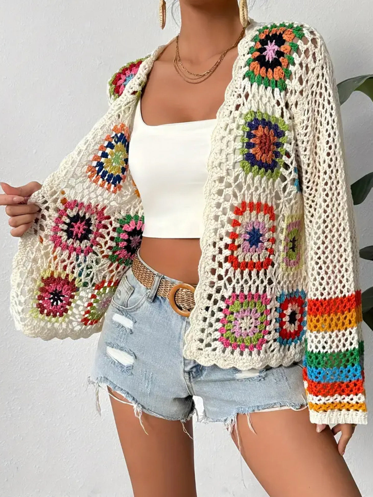 Granny Square Crochet Open Cardigan - White - 3