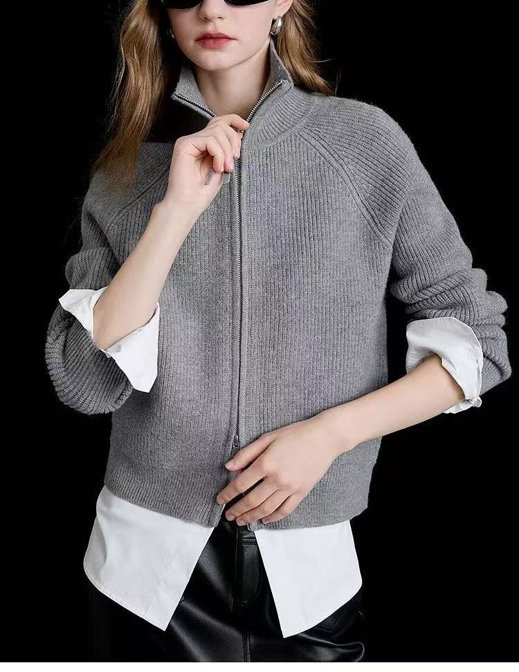 Mock Neck Zip Front Soft Knit Jacket - Gray